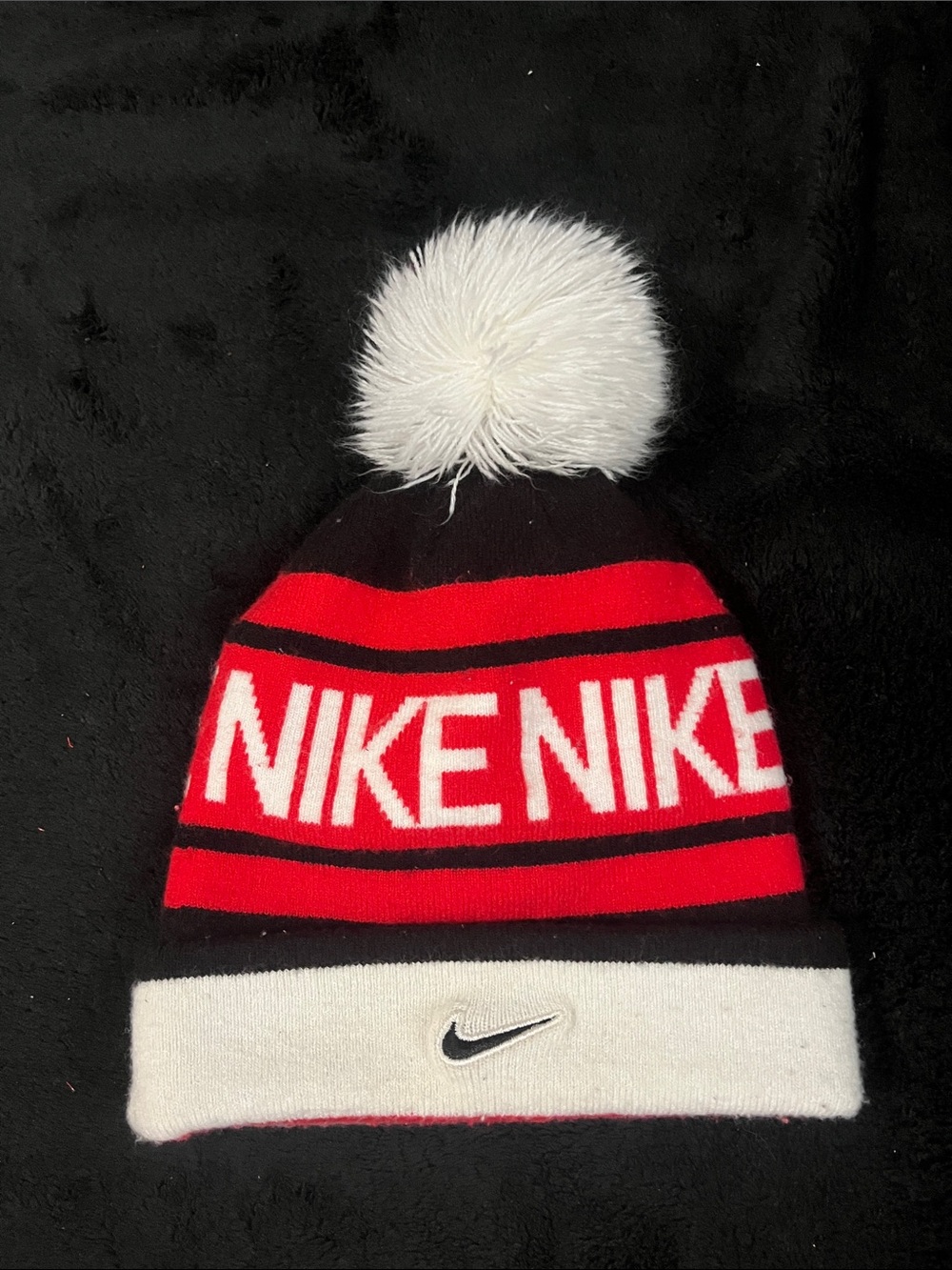 Nike Kids Pom Beanie Hat - Red, Black & White